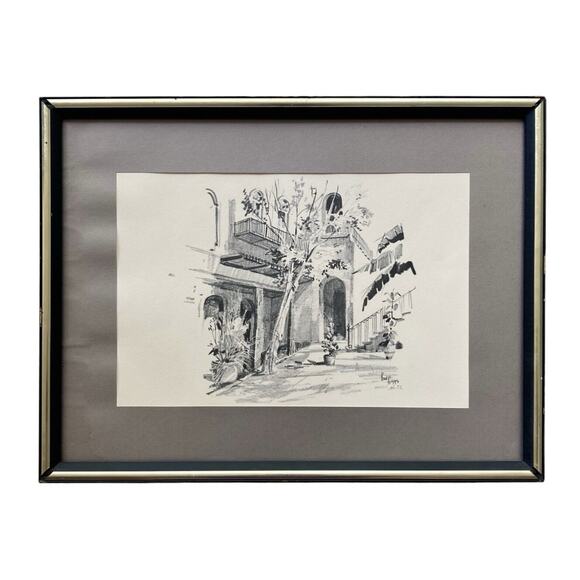 Bud Biggs Signed Framed Pencil Sketch Lithograph Print “Courtyard” Texas Artist